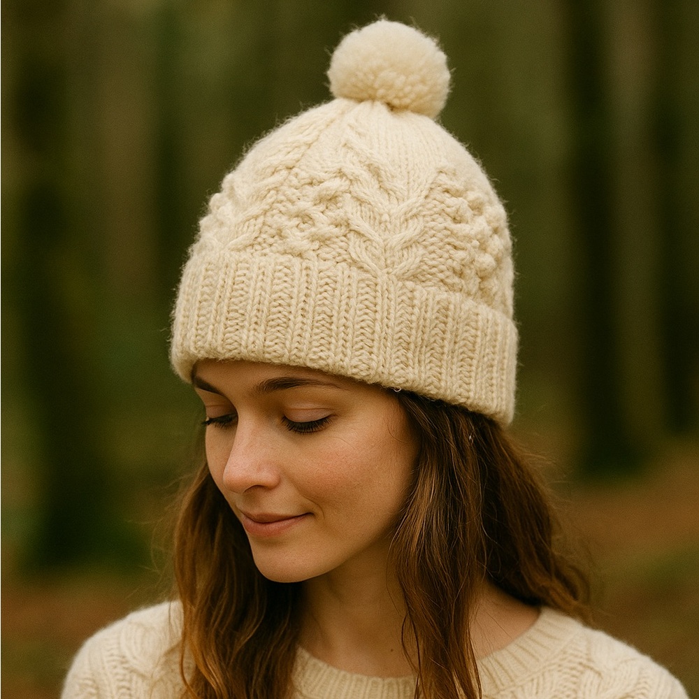 Handknit Wool Beanie with Pom – Cream Cable Knit Woodsy Cottagecore